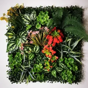 Mur végétal artificiel Arboreum 50x50cm, Fausses plantes extérieur pas chère en plastique PE, Déco murale végétalisée intérieur sans entretien.