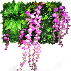 Mur végétal artificiel Papilionacée 60x40cm, Fausses plantes retombantes facile d'entretien, décoration murale extérieur et intérieur de qualité.