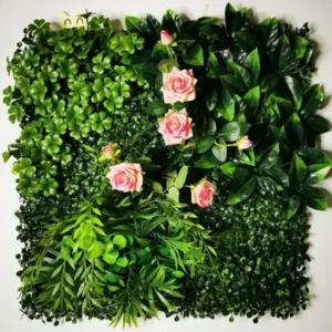 Mur végétal artificiel Rosacée 50x50cm, Plantes vertes artificielles intérieur sans entretien, Déco murale extérieur haute gamme.